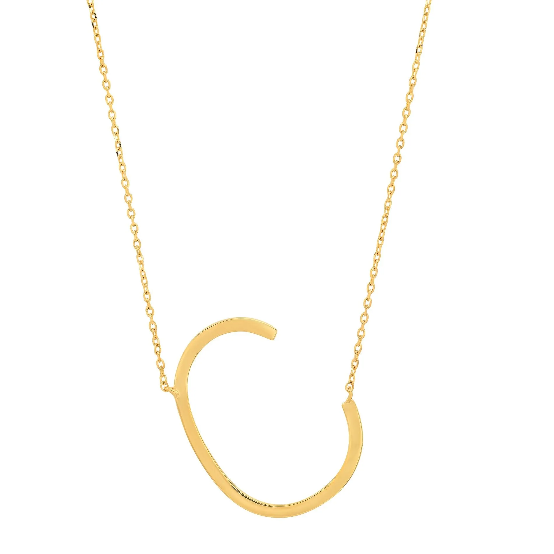 10k Solid Yellow Gold Large Sideways Block Letter Initial with Extendable Cable Chain, 16 to 18 inches