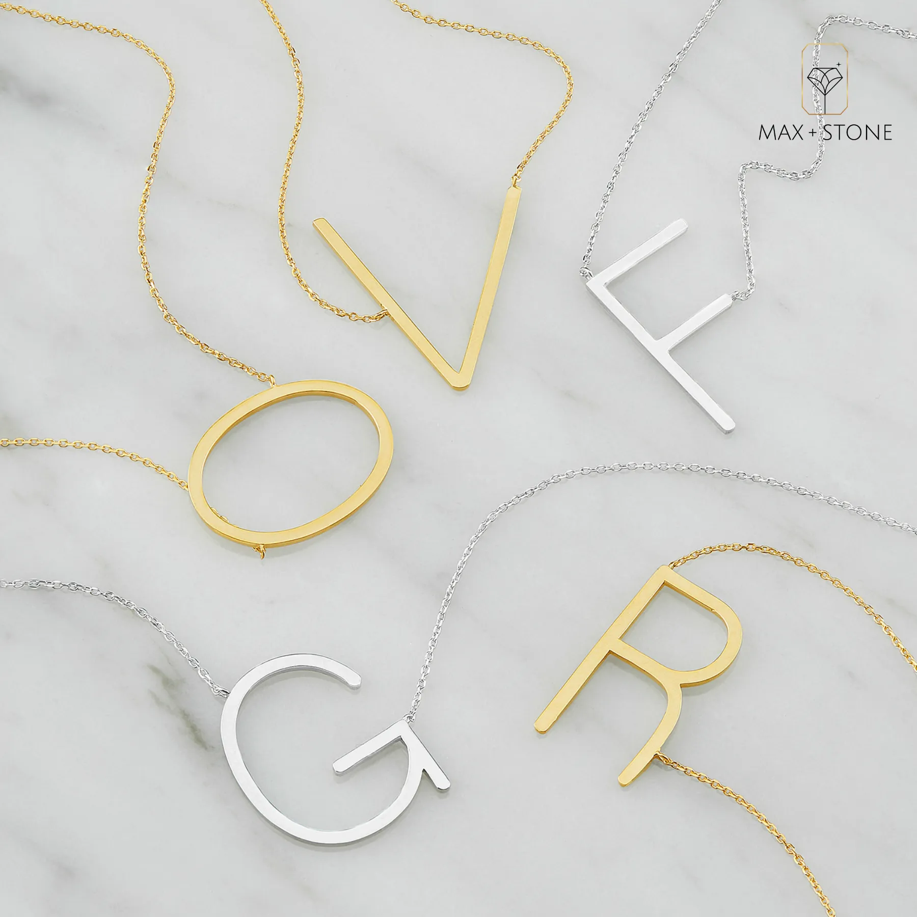 10k Solid Yellow Gold Large Sideways Block Letter Initial with Extendable Cable Chain, 16 to 18 inches