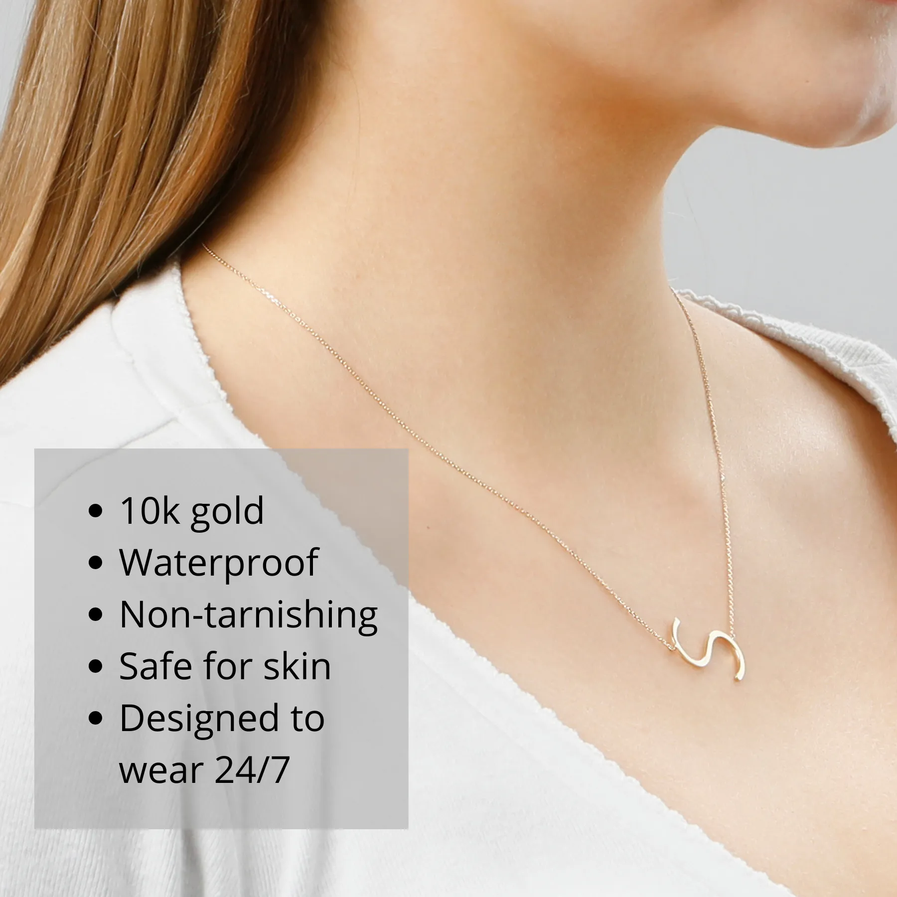 10k Solid Yellow Gold Large Sideways Block Letter Initial with Extendable Cable Chain, 16 to 18 inches