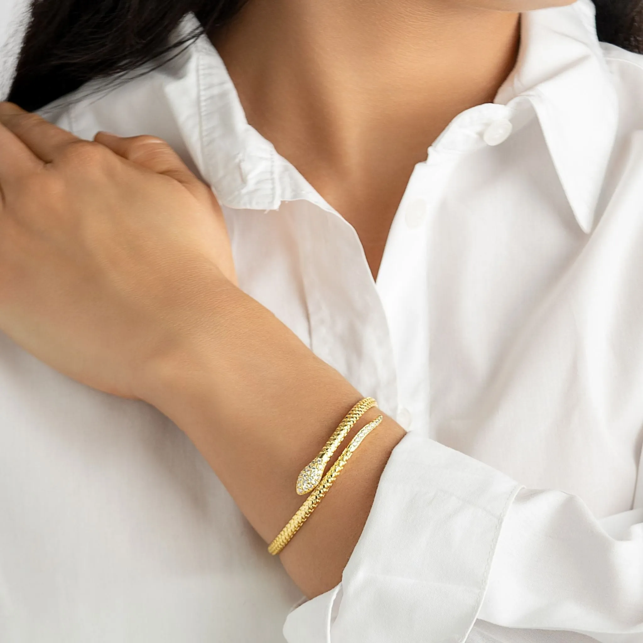 14K Gold Plated Adjustable Crystal Snake Cuff