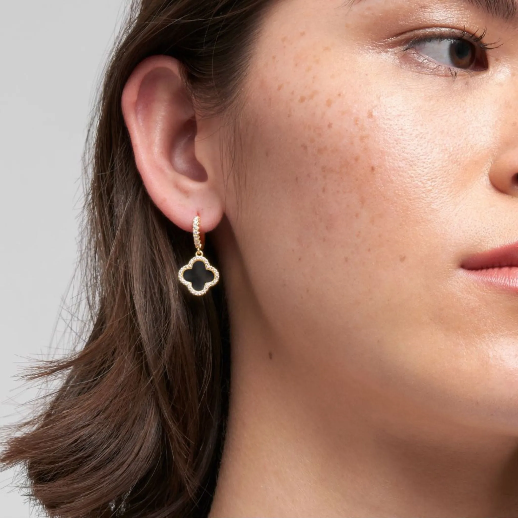 14k Gold Plated Crystal Halo Black Clover Dangle Huggie Earrings