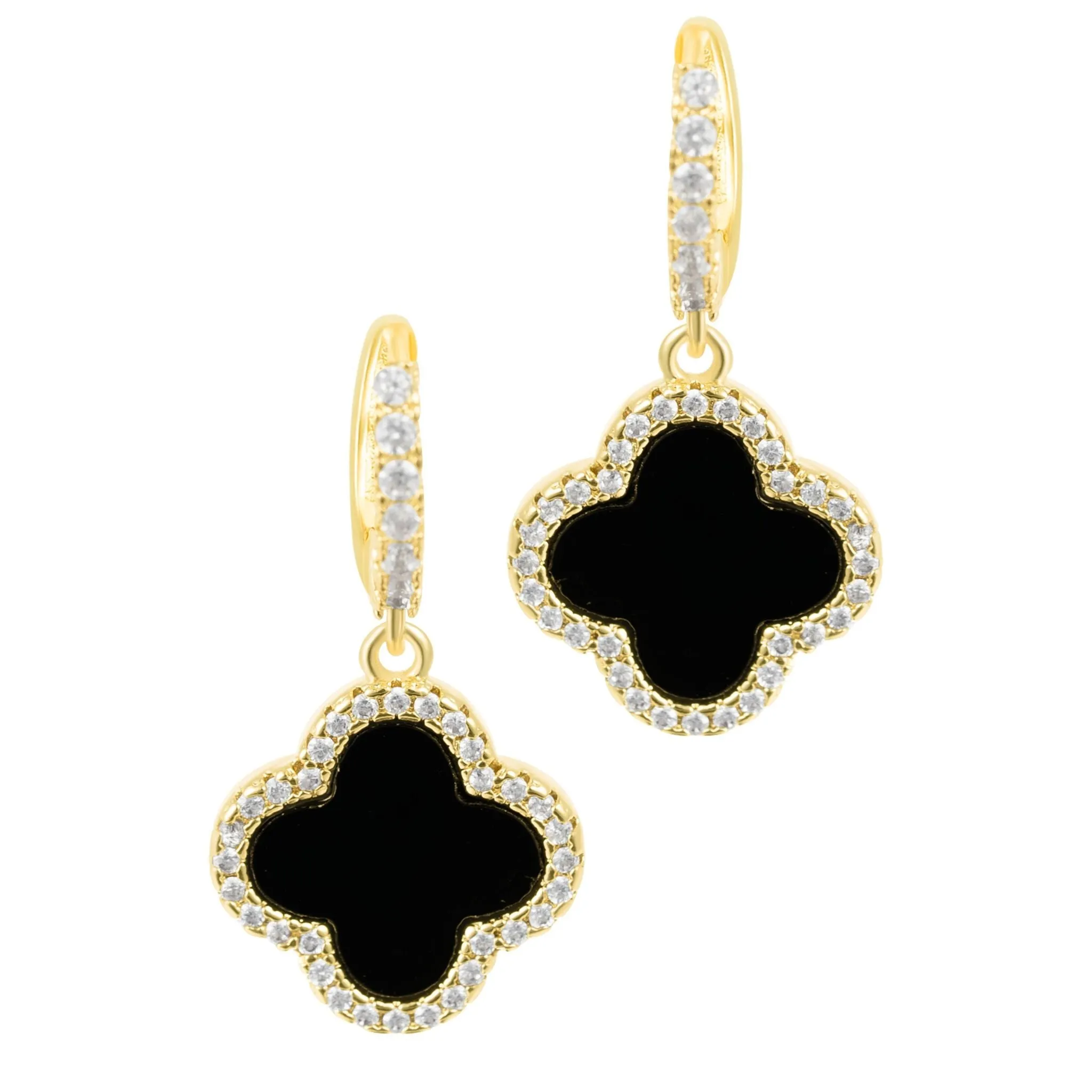 14k Gold Plated Crystal Halo Black Clover Dangle Huggie Earrings