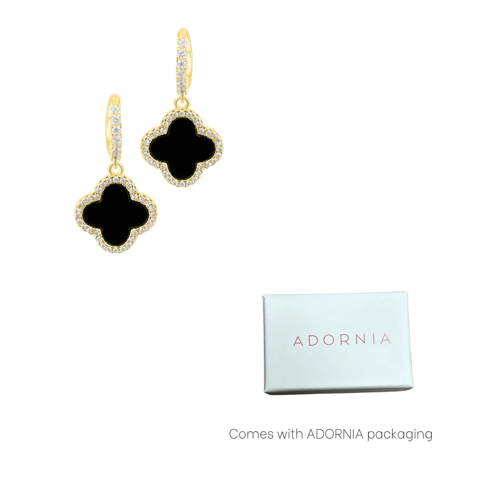 14k Gold Plated Crystal Halo Black Clover Dangle Huggie Earrings