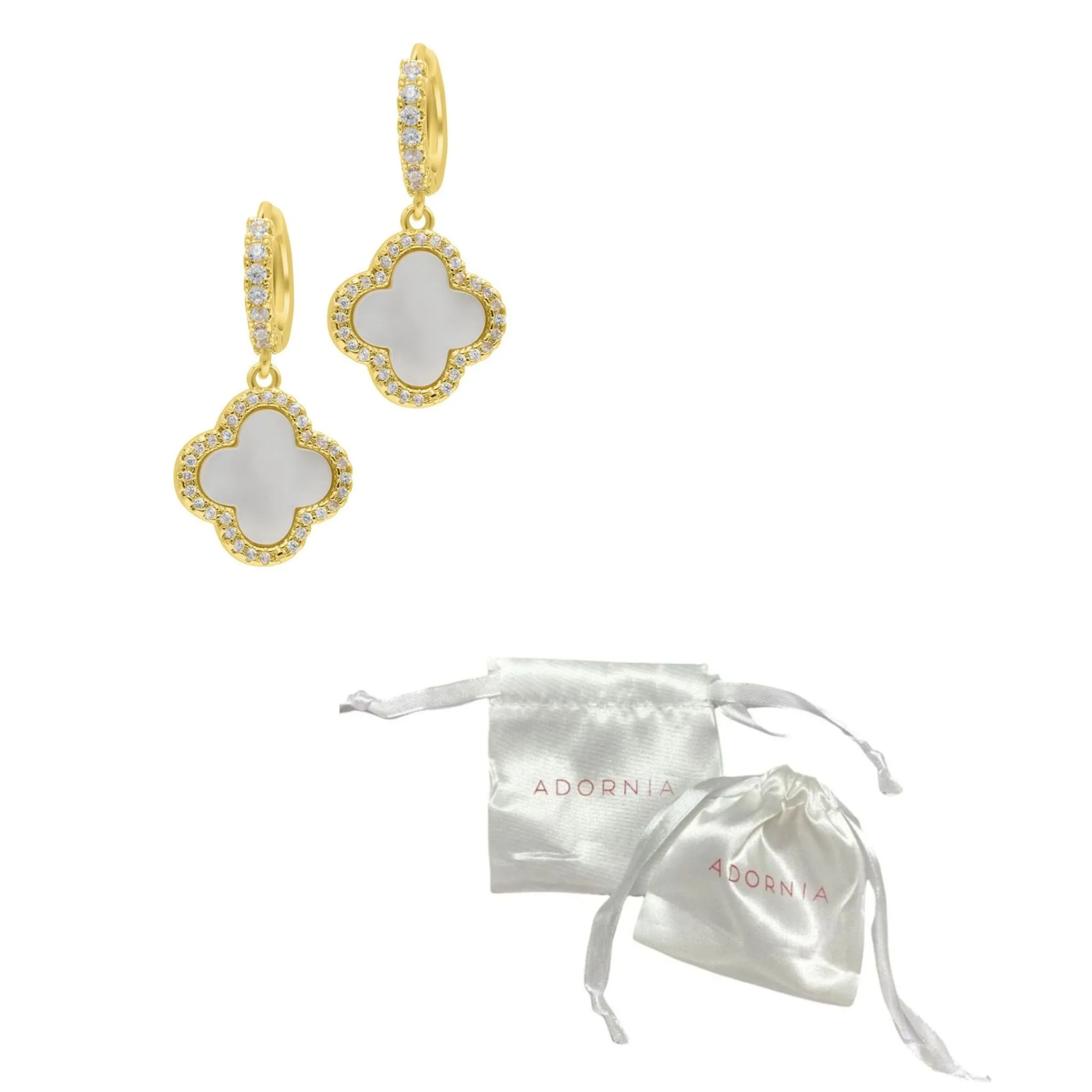 14K Gold Plated Crystal Halo White Mother-of-Pearl Clover Dangle Huggie Earrings