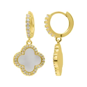 14K Gold Plated Crystal Halo White Mother-of-Pearl Clover Dangle Huggie Earrings