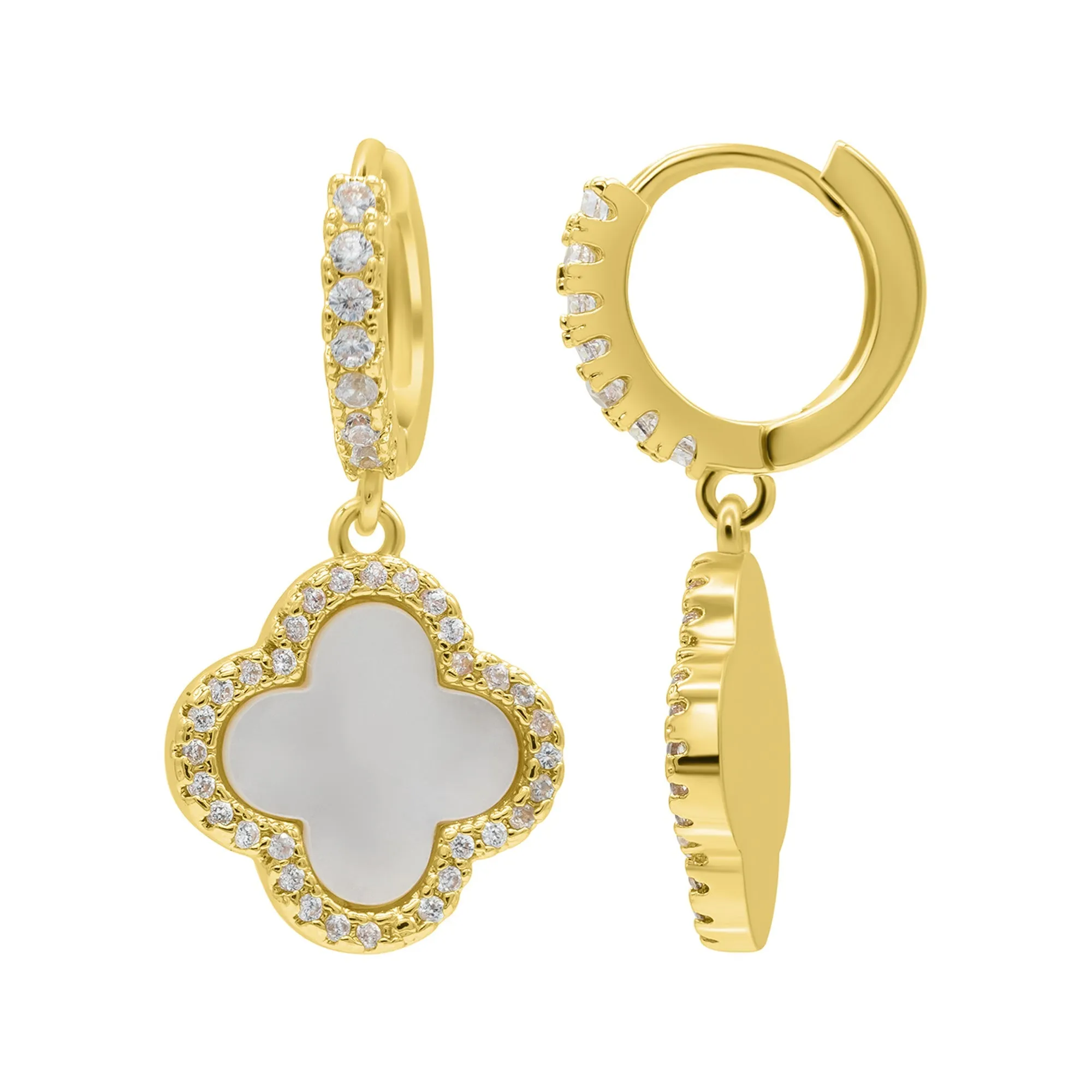 14K Gold Plated Crystal Halo White Mother-of-Pearl Clover Dangle Huggie Earrings