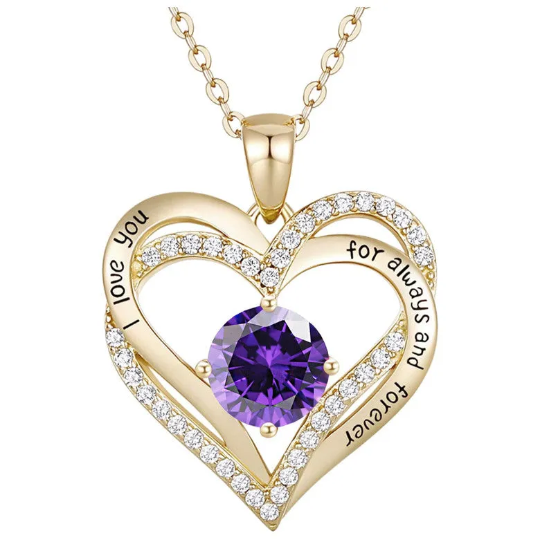 14K Gold Plated Heart ''I Love You'' Pendant with Colored Cubic Zirconia