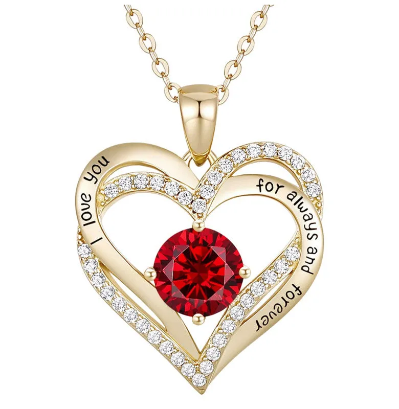 14K Gold Plated Heart ''I Love You'' Pendant with Colored Cubic Zirconia