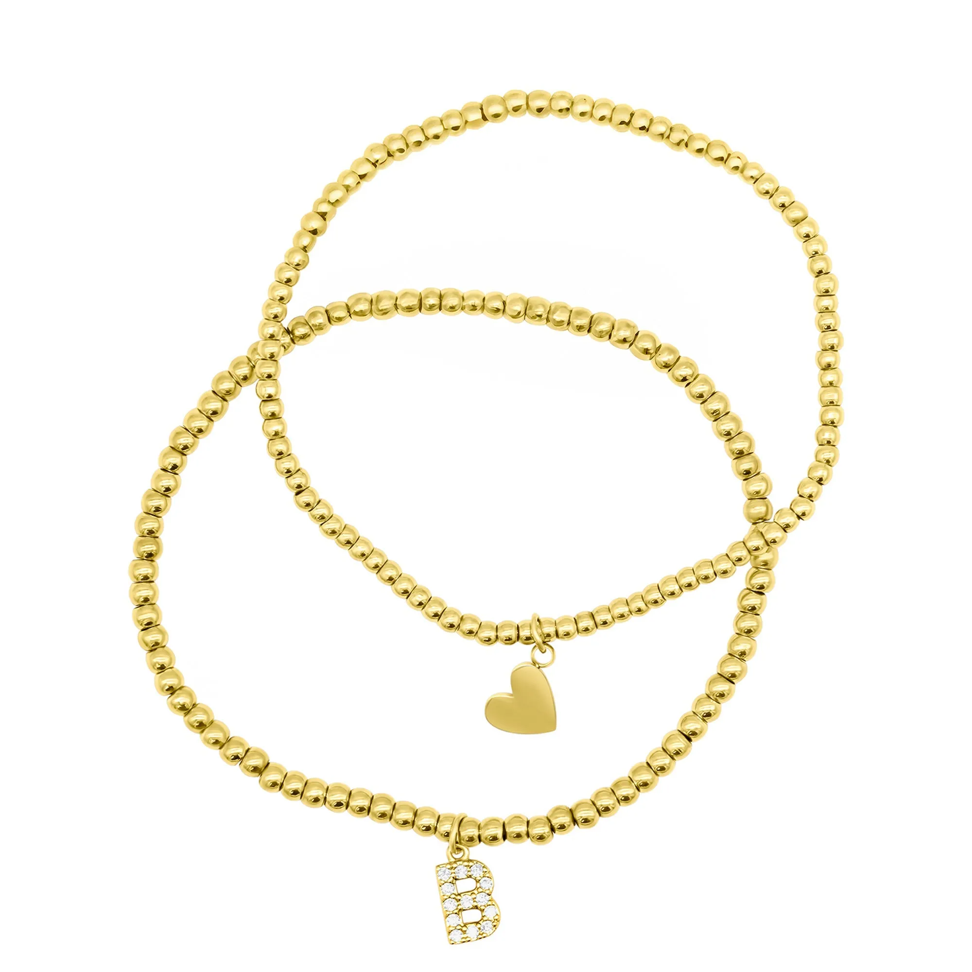 14K Gold Plated Stretch Bracelet Set With Mini Crystal Initial
