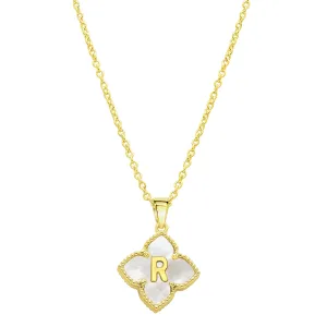14K Gold Plated White Mother-of-Pearl Initial Floral Necklace