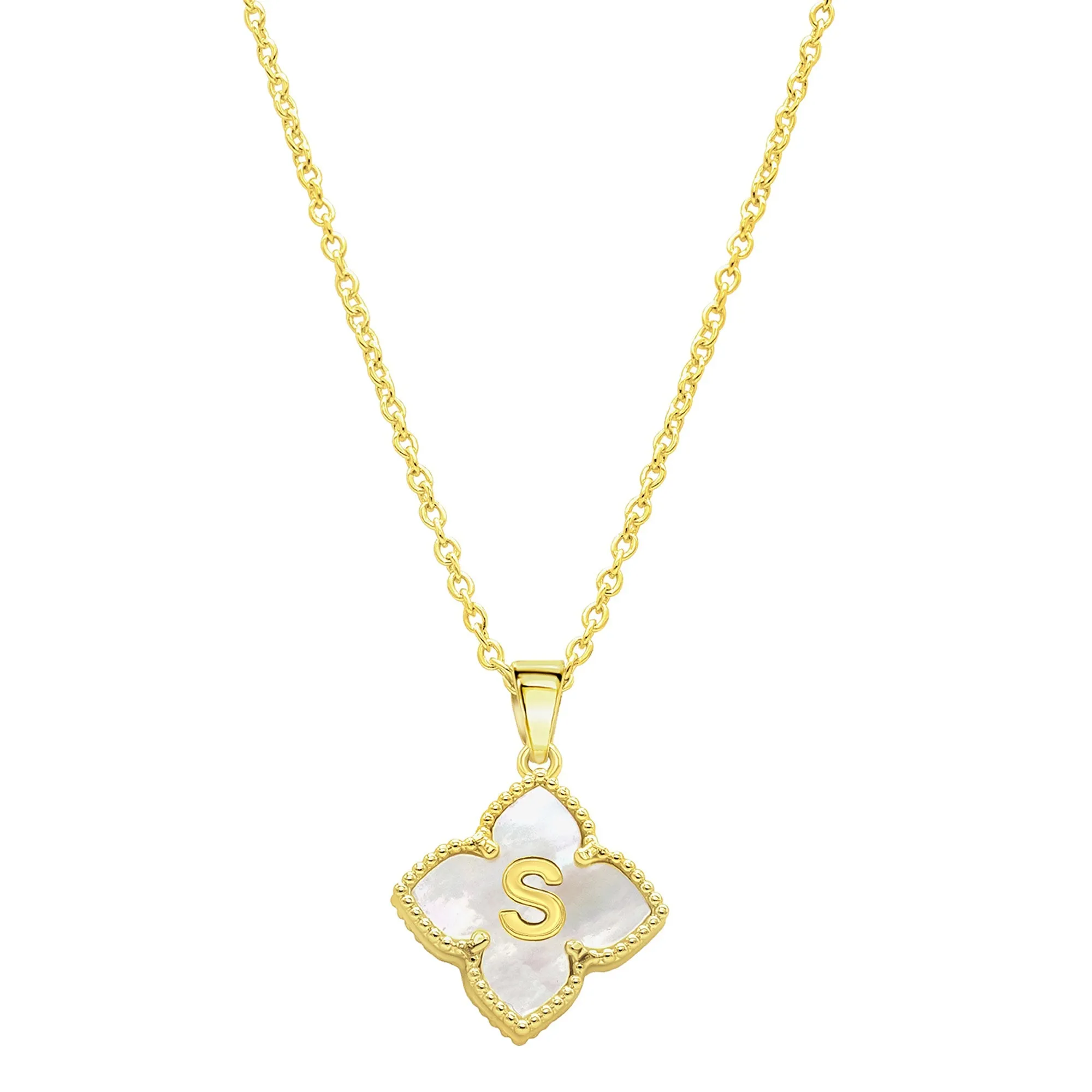 14K Gold Plated White Mother-of-Pearl Initial Floral Necklace