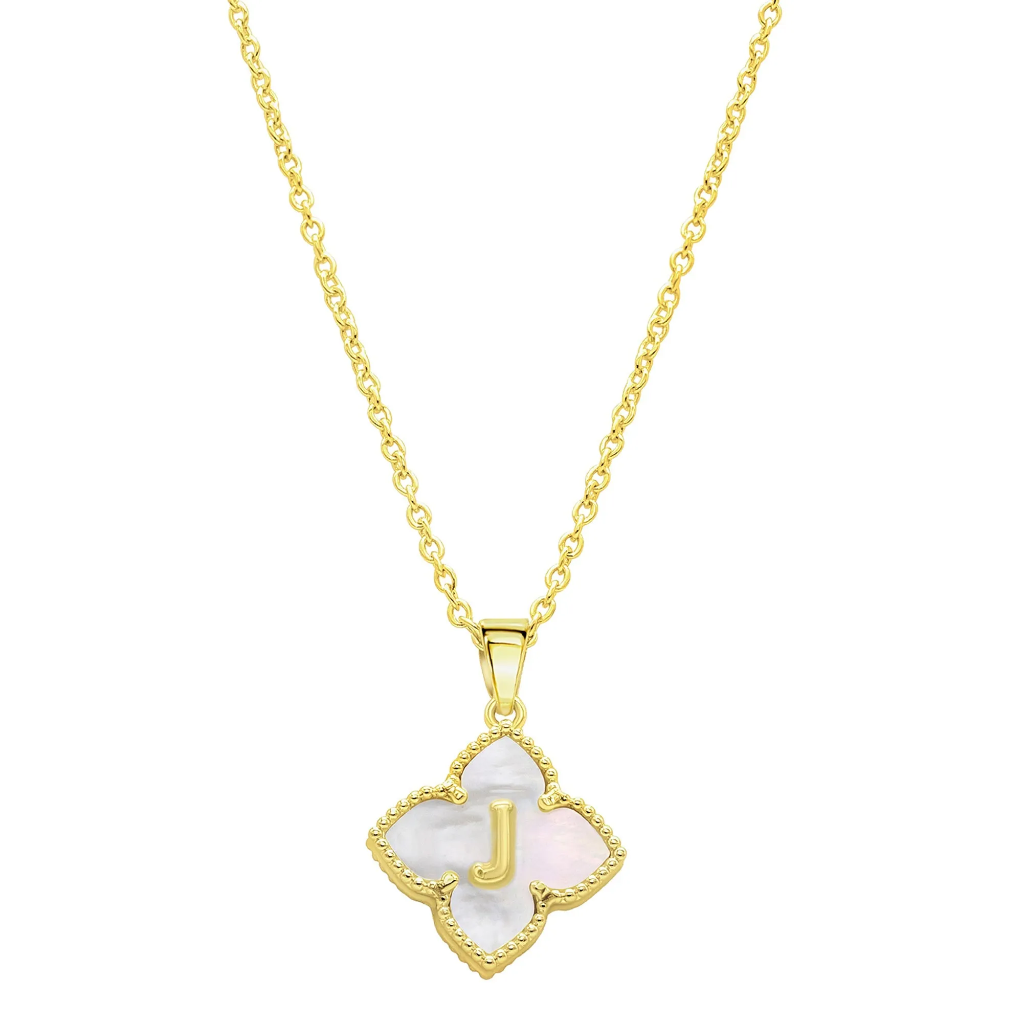 14K Gold Plated White Mother-of-Pearl Initial Floral Necklace
