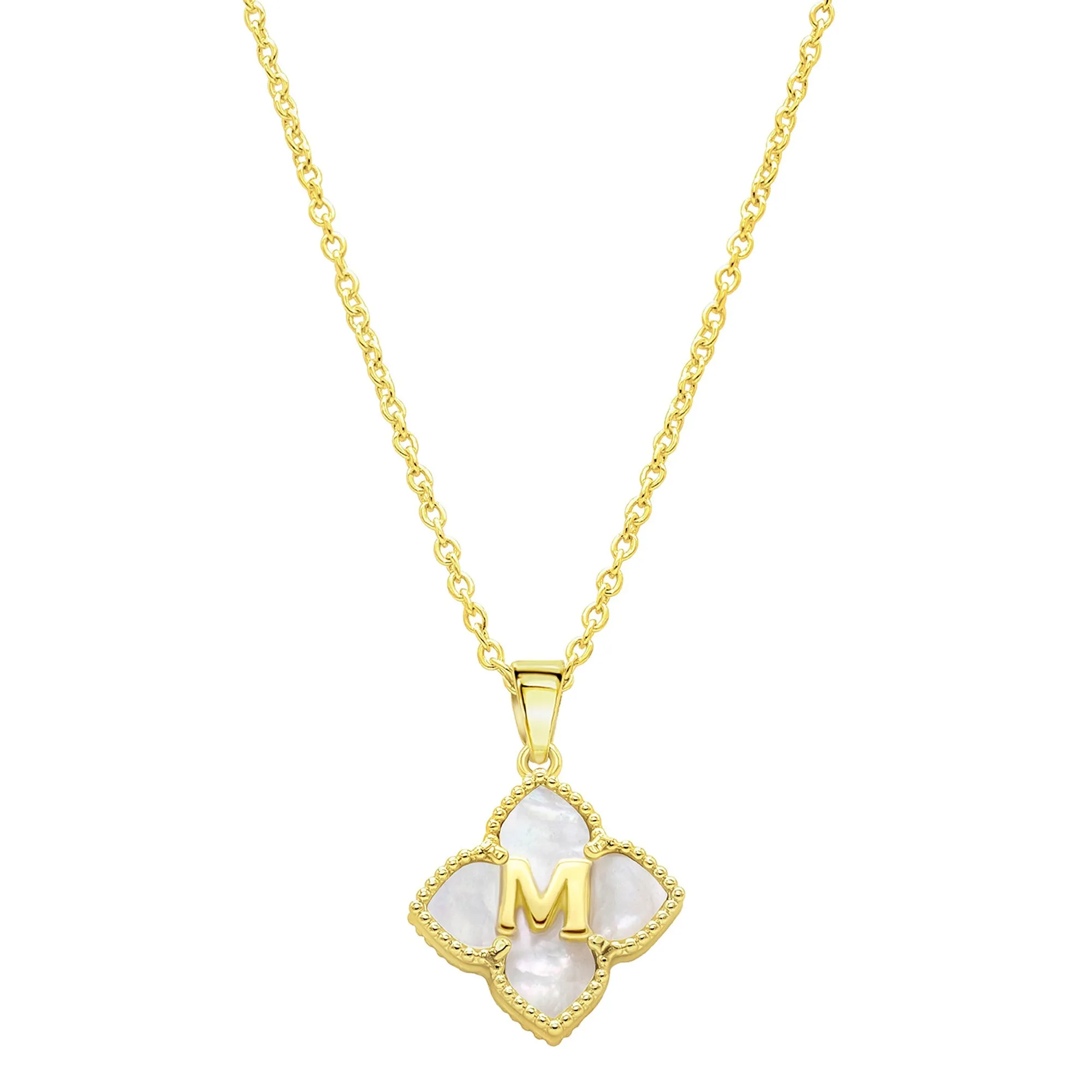 14K Gold Plated White Mother-of-Pearl Initial Floral Necklace