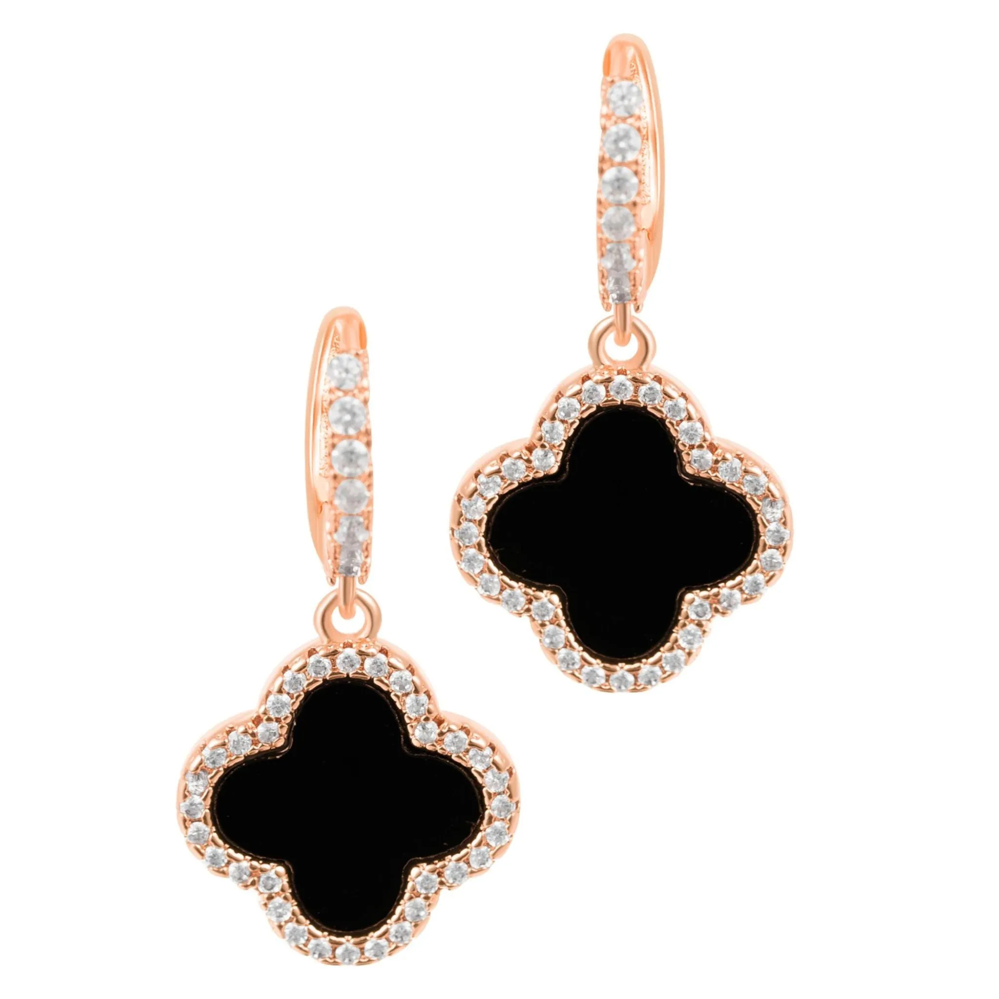 14k Rose Gold Plated Crystal Halo Black Clover Dangle Huggie Earrings