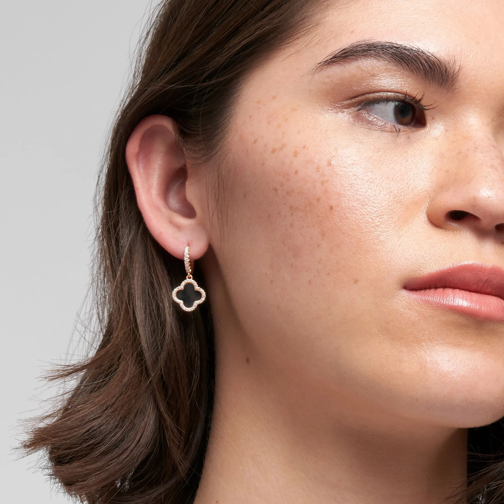 14k Rose Gold Plated Crystal Halo Black Clover Dangle Huggie Earrings
