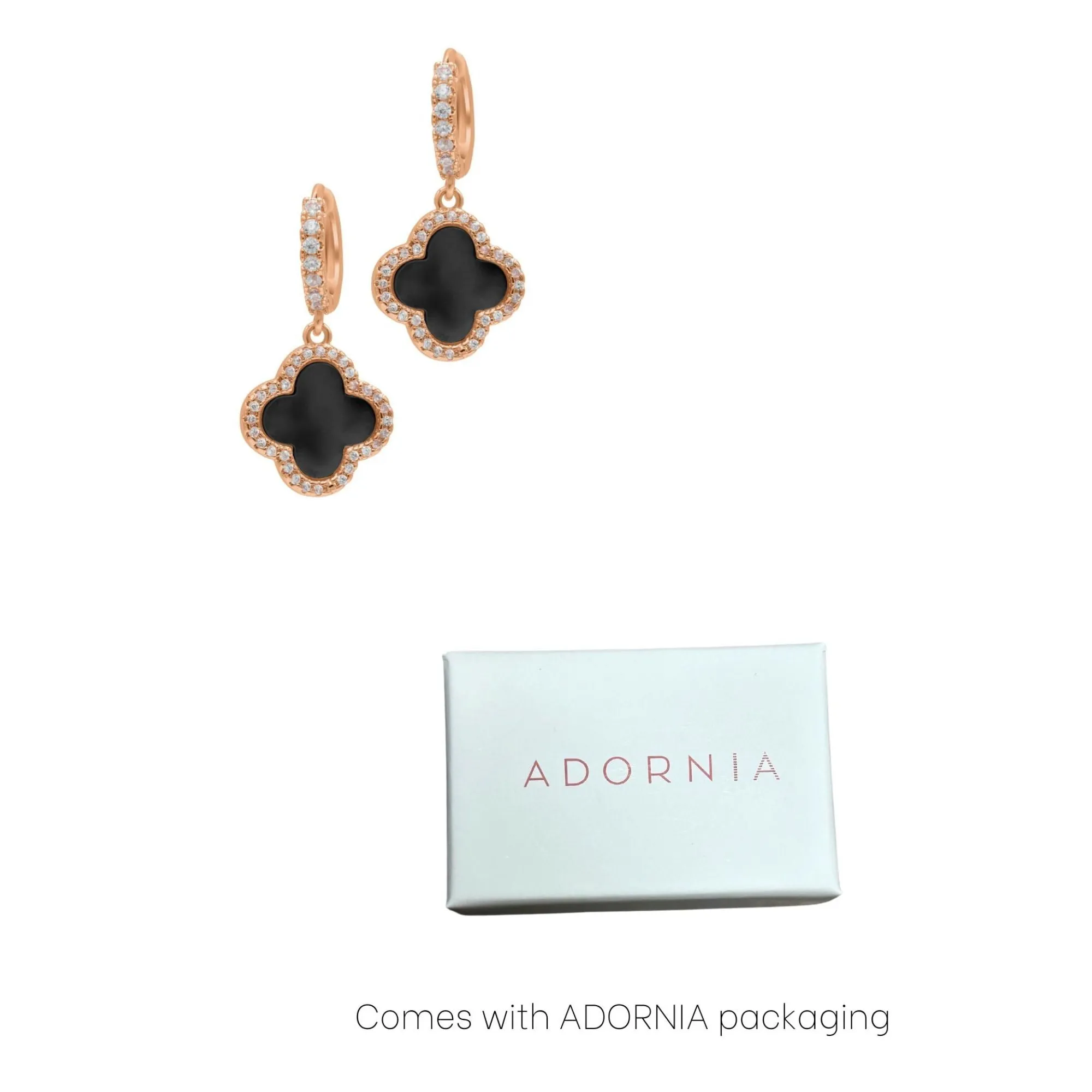 14k Rose Gold Plated Crystal Halo Black Clover Dangle Huggie Earrings
