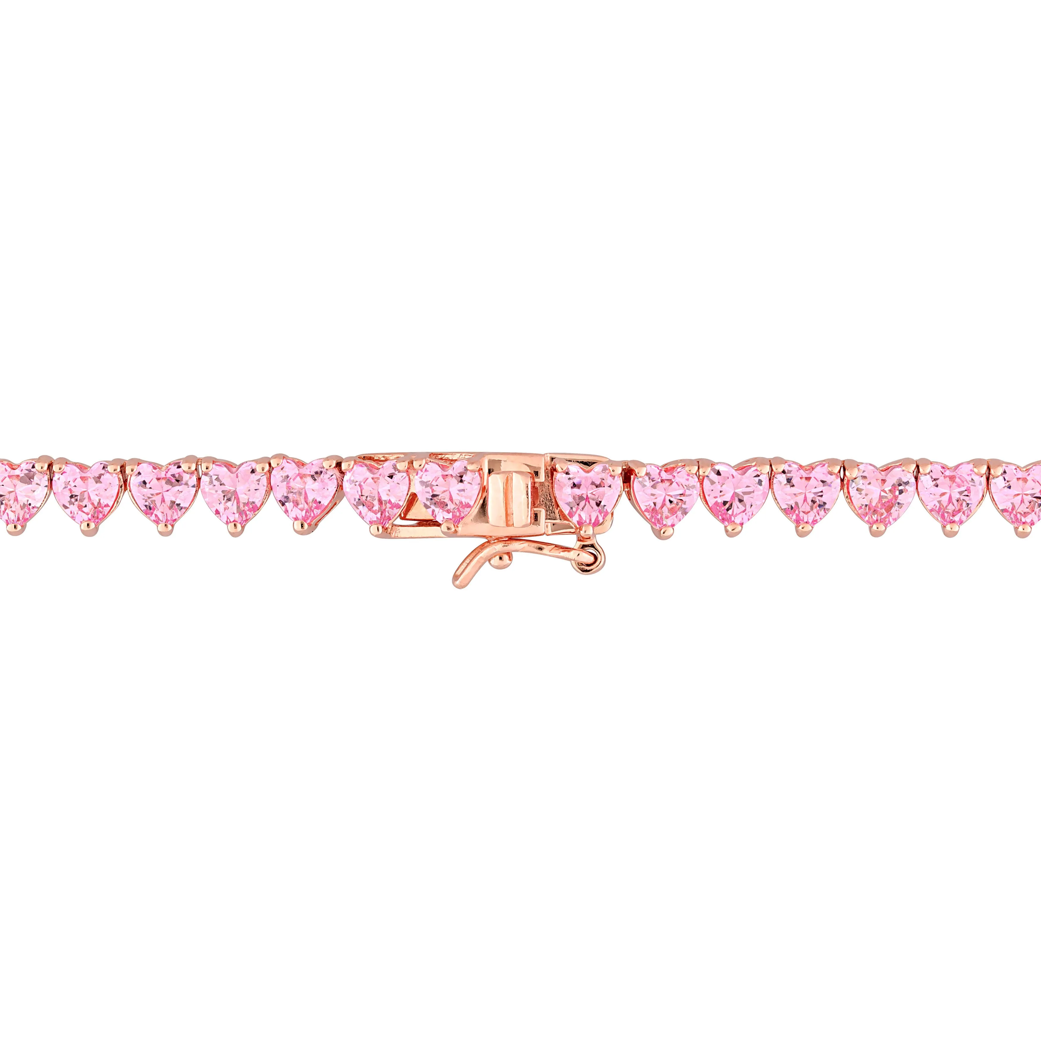31 1/2 CT TGW Heart Created Pink Sapphire Tennis Necklace in Rose Plated Sterling Silver