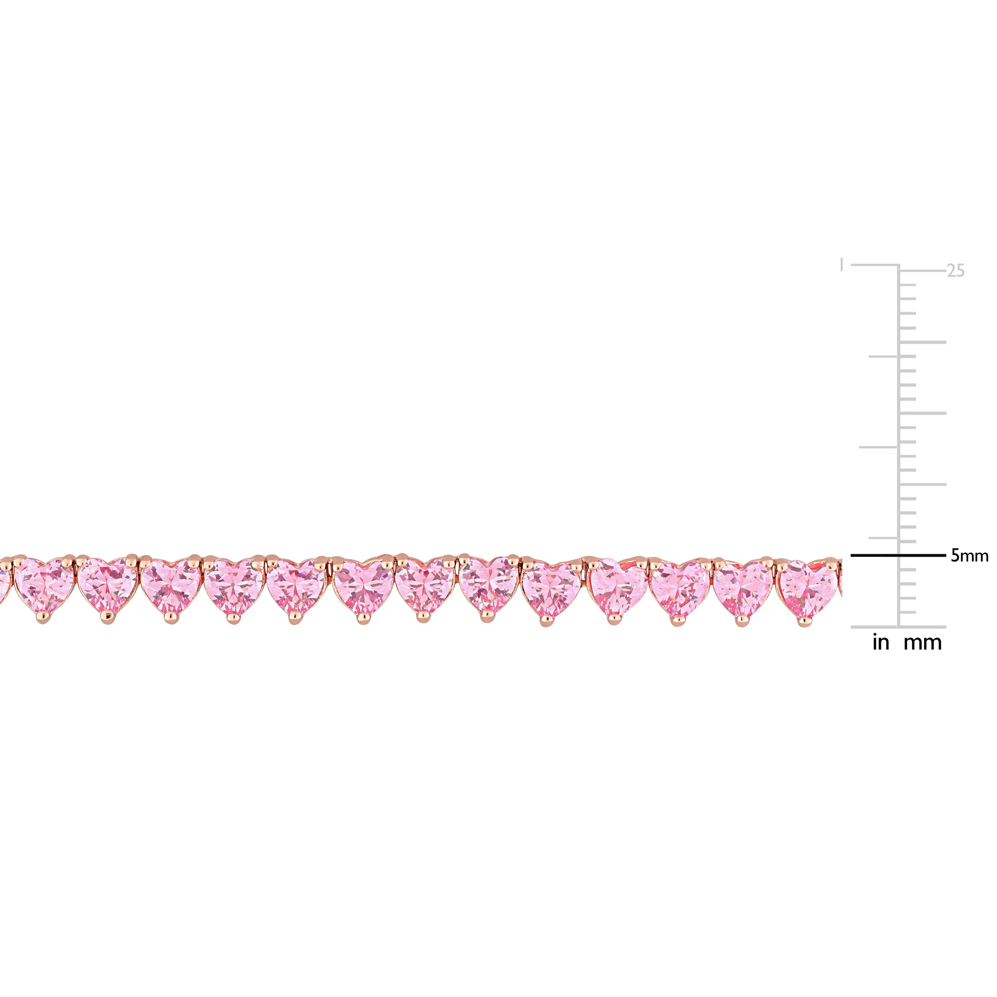 31 1/2 CT TGW Heart Created Pink Sapphire Tennis Necklace in Rose Plated Sterling Silver