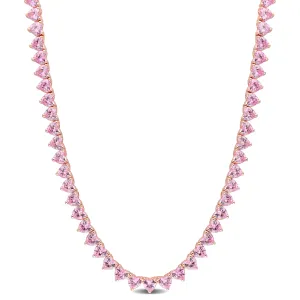 31 1/2 CT TGW Heart Created Pink Sapphire Tennis Necklace in Rose Plated Sterling Silver