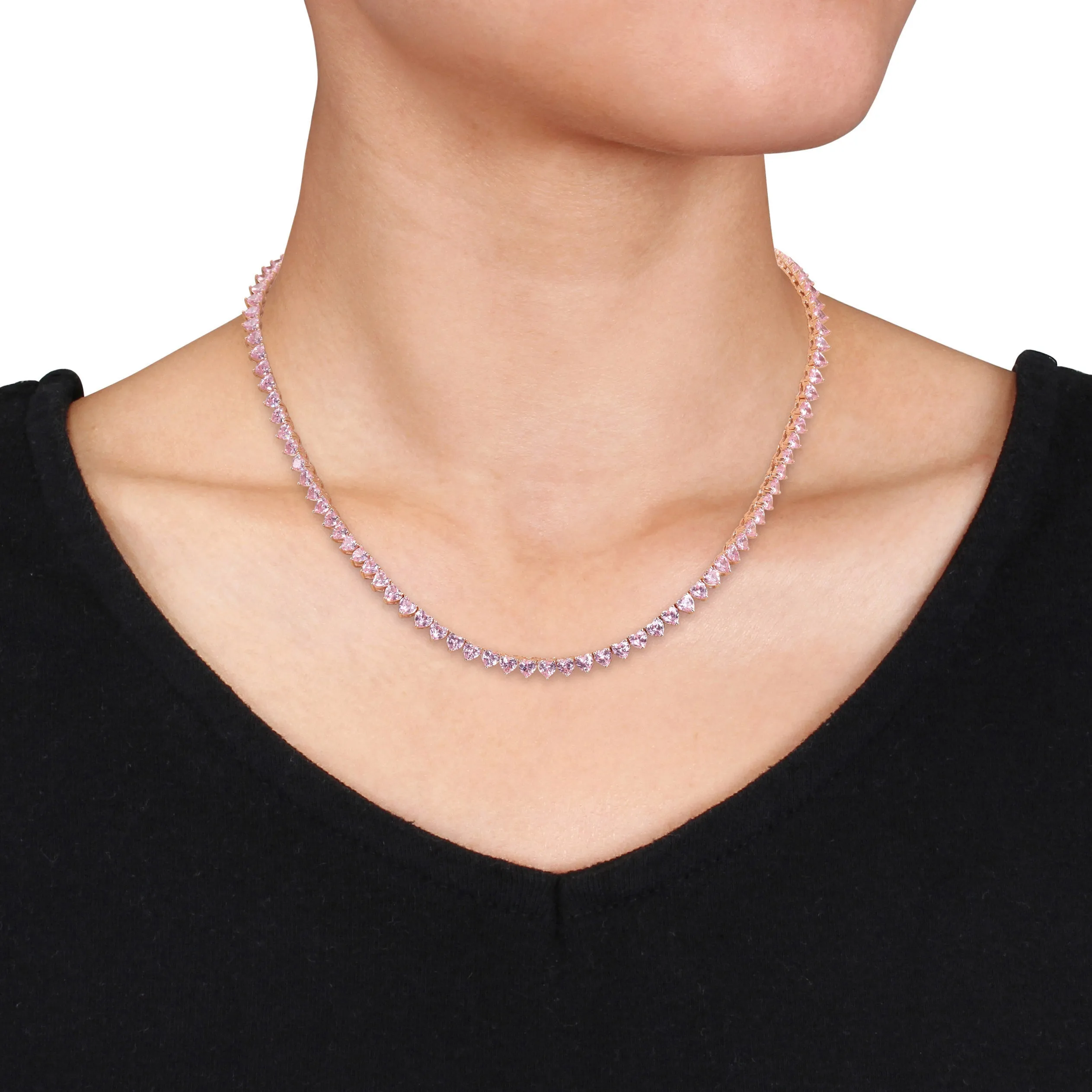 31 1/2 CT TGW Heart Created Pink Sapphire Tennis Necklace in Rose Plated Sterling Silver