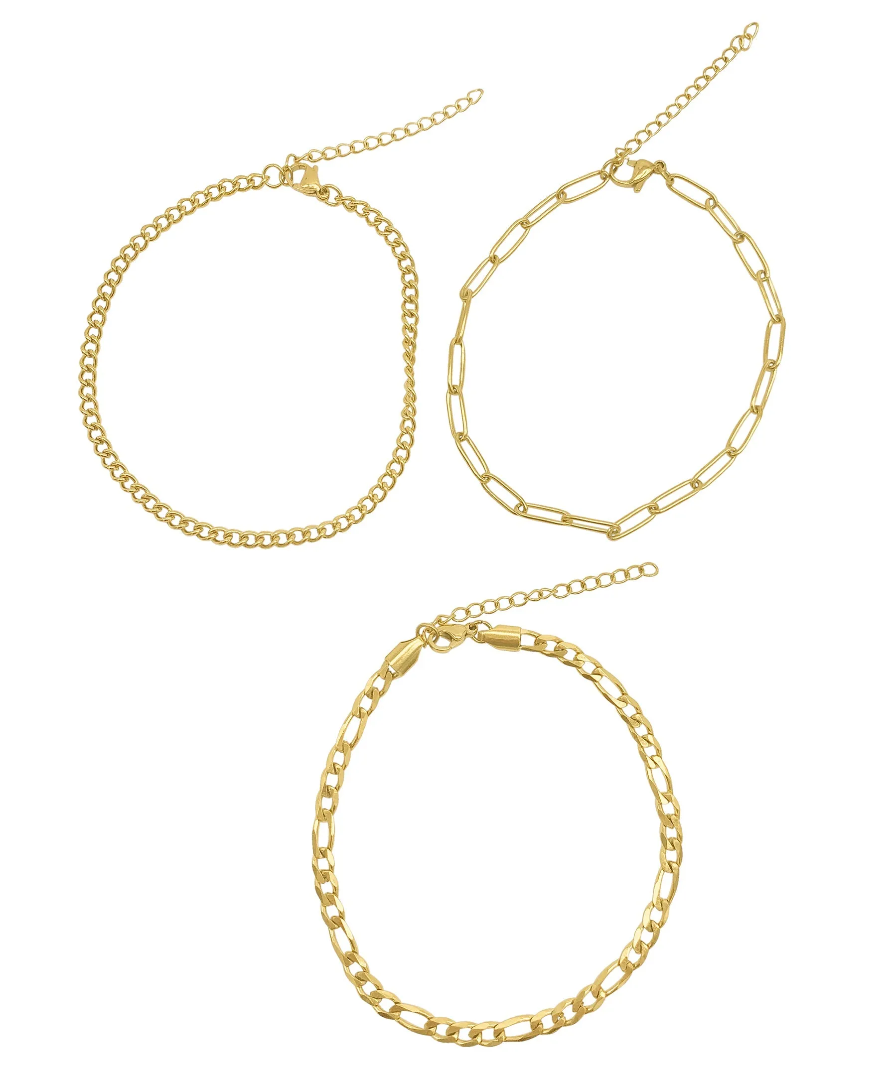 Adornia Curb Chain, Paper Clip Chain, and Figaro Chain Anklet Set gold
