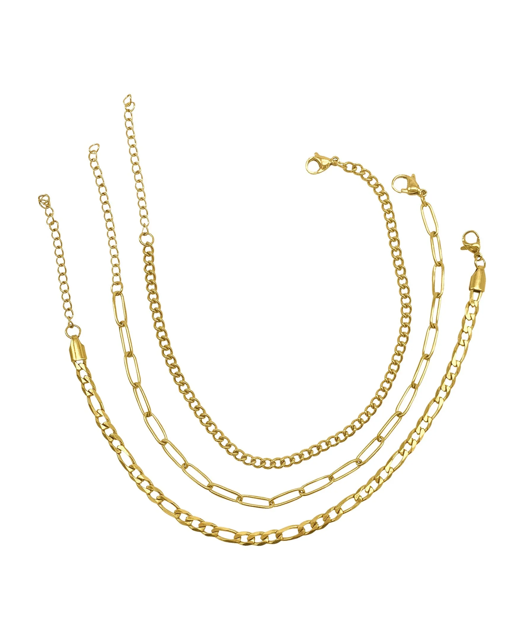 Adornia Curb Chain, Paper Clip Chain, and Figaro Chain Anklet Set gold