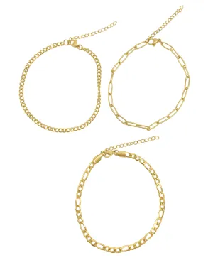Adornia Curb Chain, Paper Clip Chain, and Figaro Chain Anklet Set gold