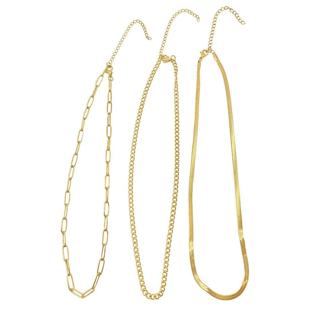 Adornia Curb Chain, Paper Clip Chain, and Herringbone Chain Necklace Set gold