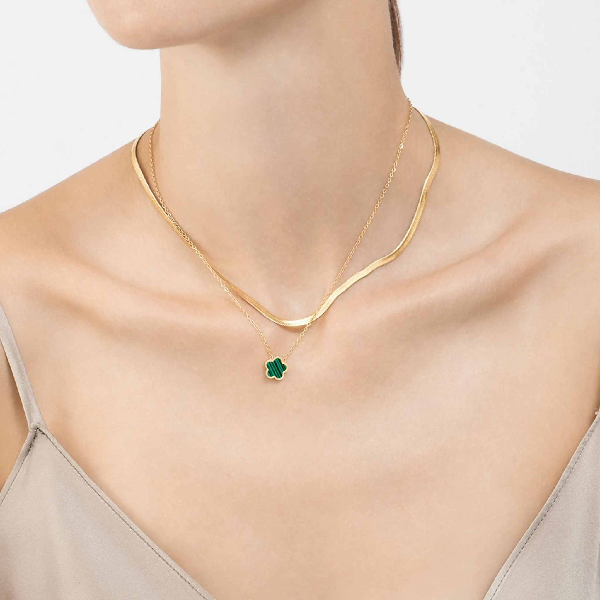 Adornia Water Resistant Green Mother of Pearl Clover Necklace gold