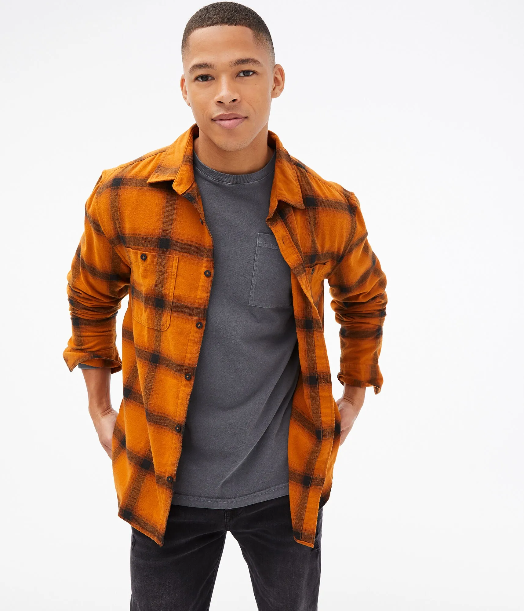 Aeropostale Men's Long Sleeve Relaxed Plaid Flannel Button-Down Shirt