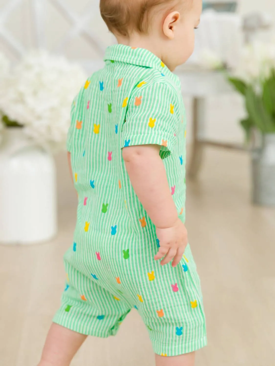 Baby Boy's Bunny Stripe Button-Up Romper In Green