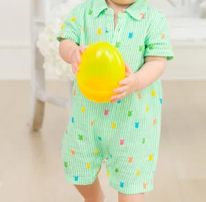 Baby Boy's Bunny Stripe Button-Up Romper In Green