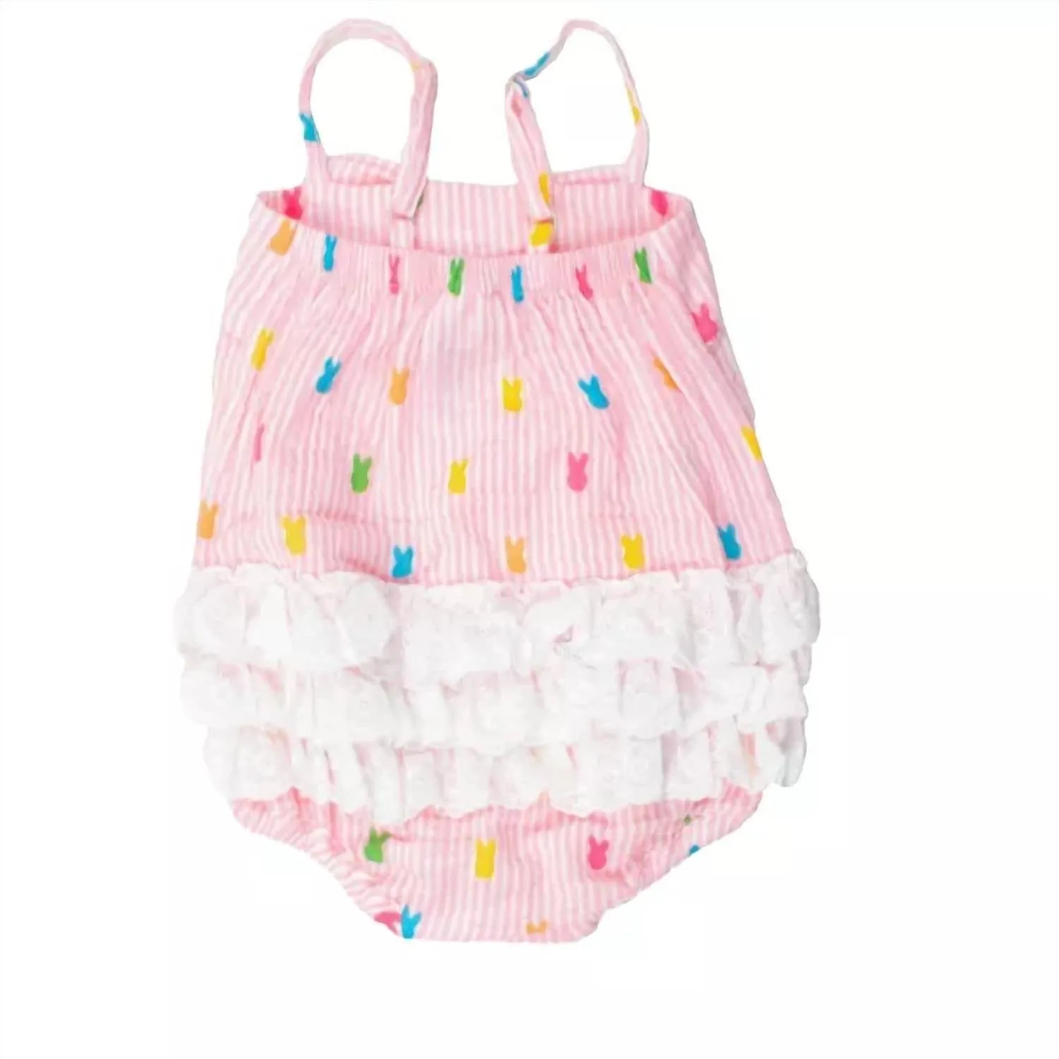 Baby Girl's Bunny Stripe Bow Front Bubble Woven Romper In Pink