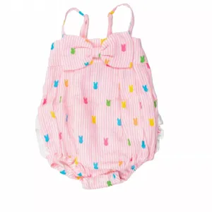 Baby Girl's Bunny Stripe Bow Front Bubble Woven Romper In Pink