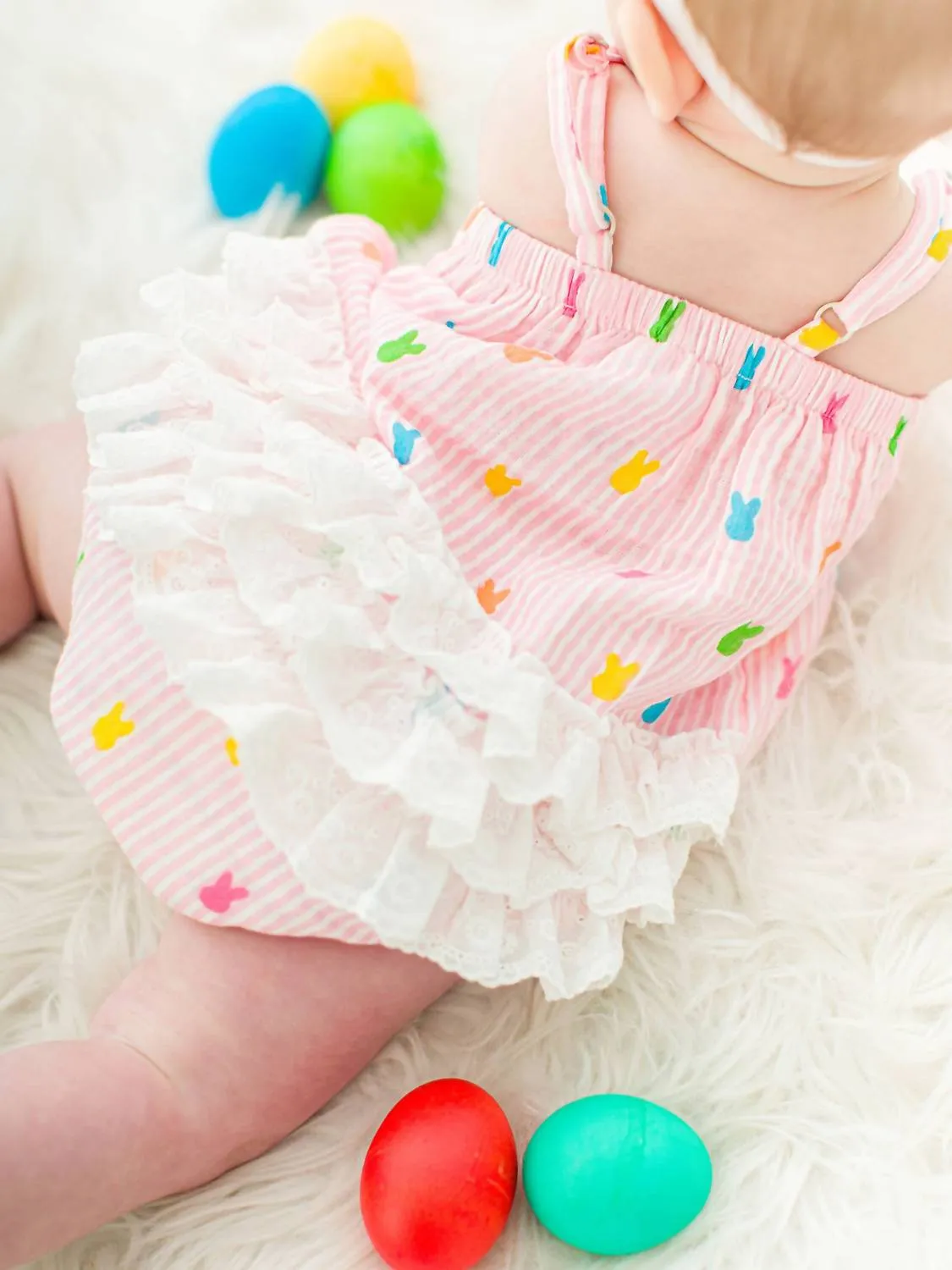 Baby Girl's Bunny Stripe Bow Front Bubble Woven Romper In Pink