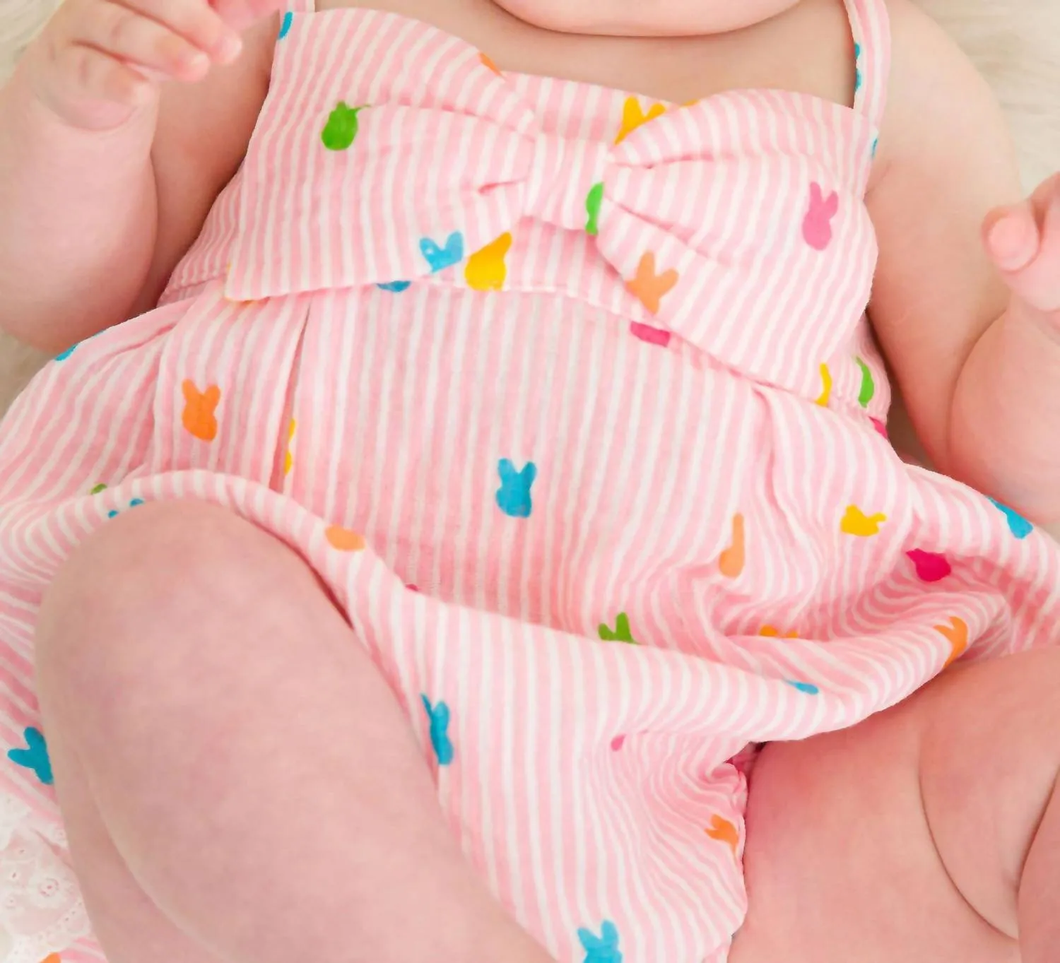 Baby Girl's Bunny Stripe Bow Front Bubble Woven Romper In Pink