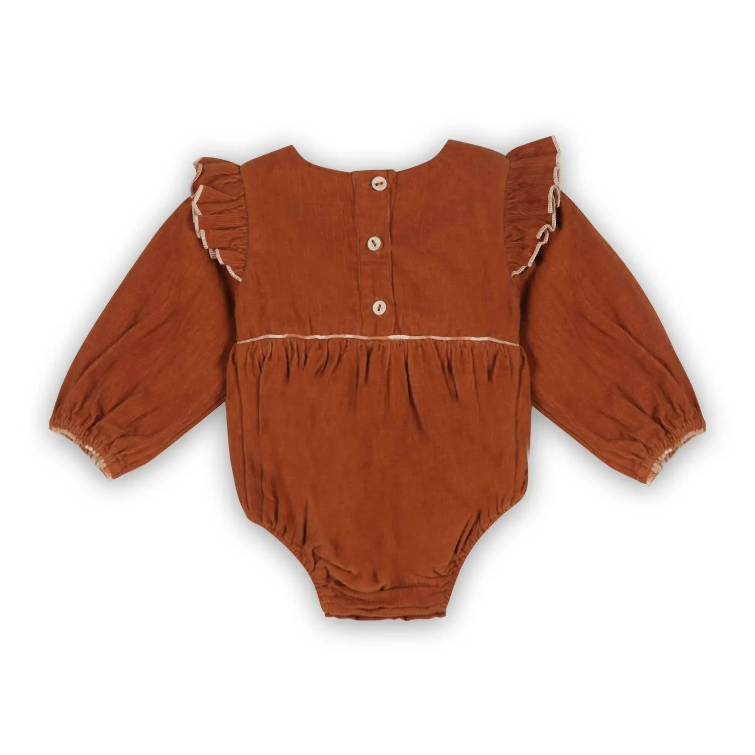 Baby Girl's Floral Embroidered Ruffle Romper In Rust Brown