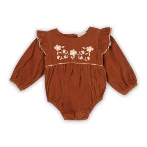 Baby Girl's Floral Embroidered Ruffle Romper In Rust Brown