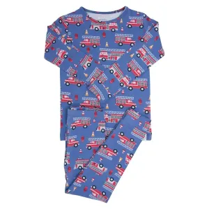 Big Boy Kid Fire Truck Print Pajama Set In Blue