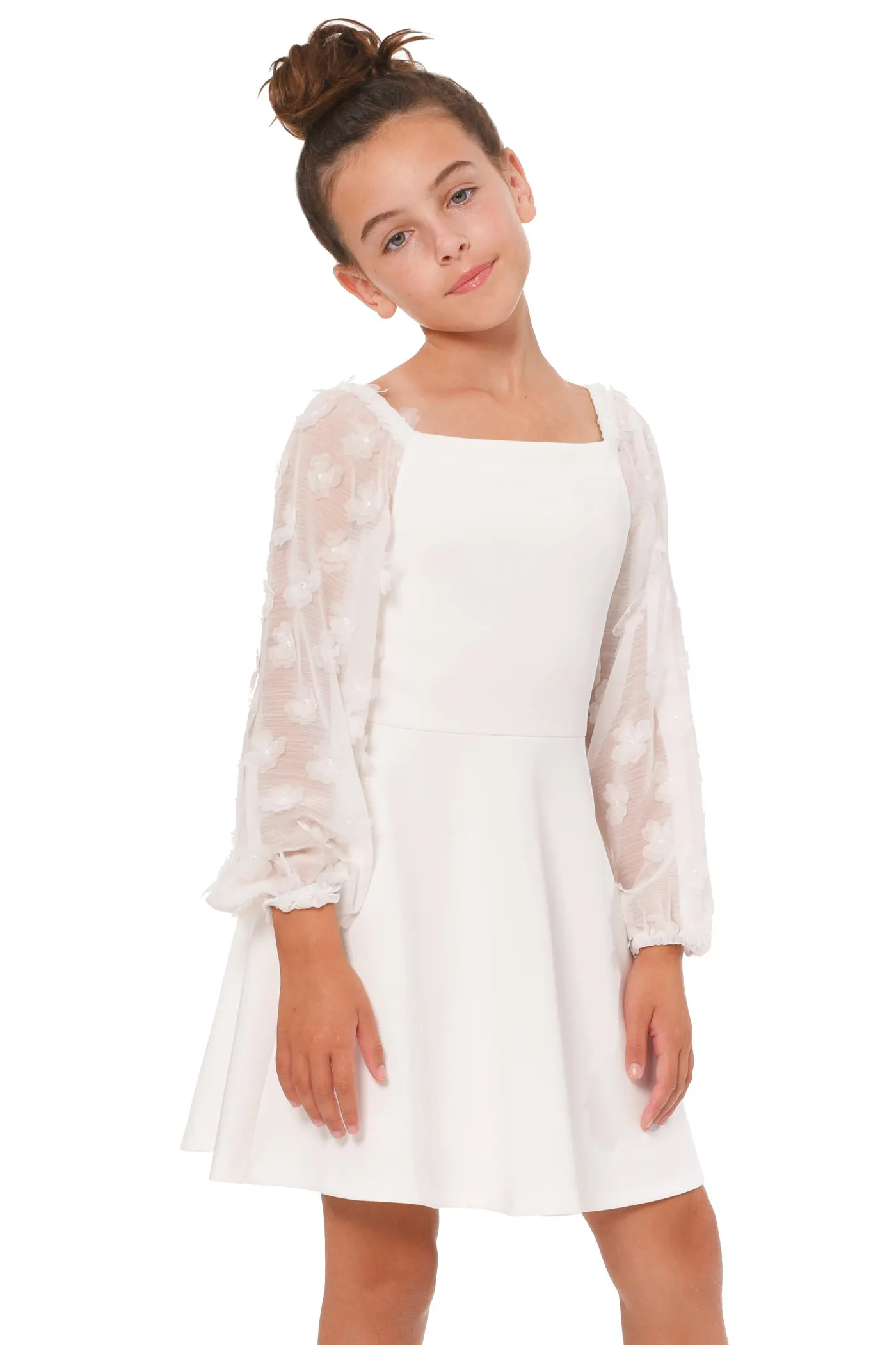 Big Girls 3D Floral Long Sleeve Skater Dress