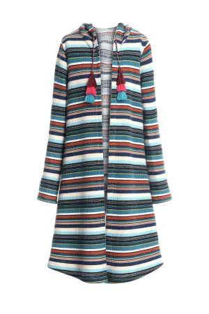 Big Girls Striped Knit Long Hoodie Cardigan