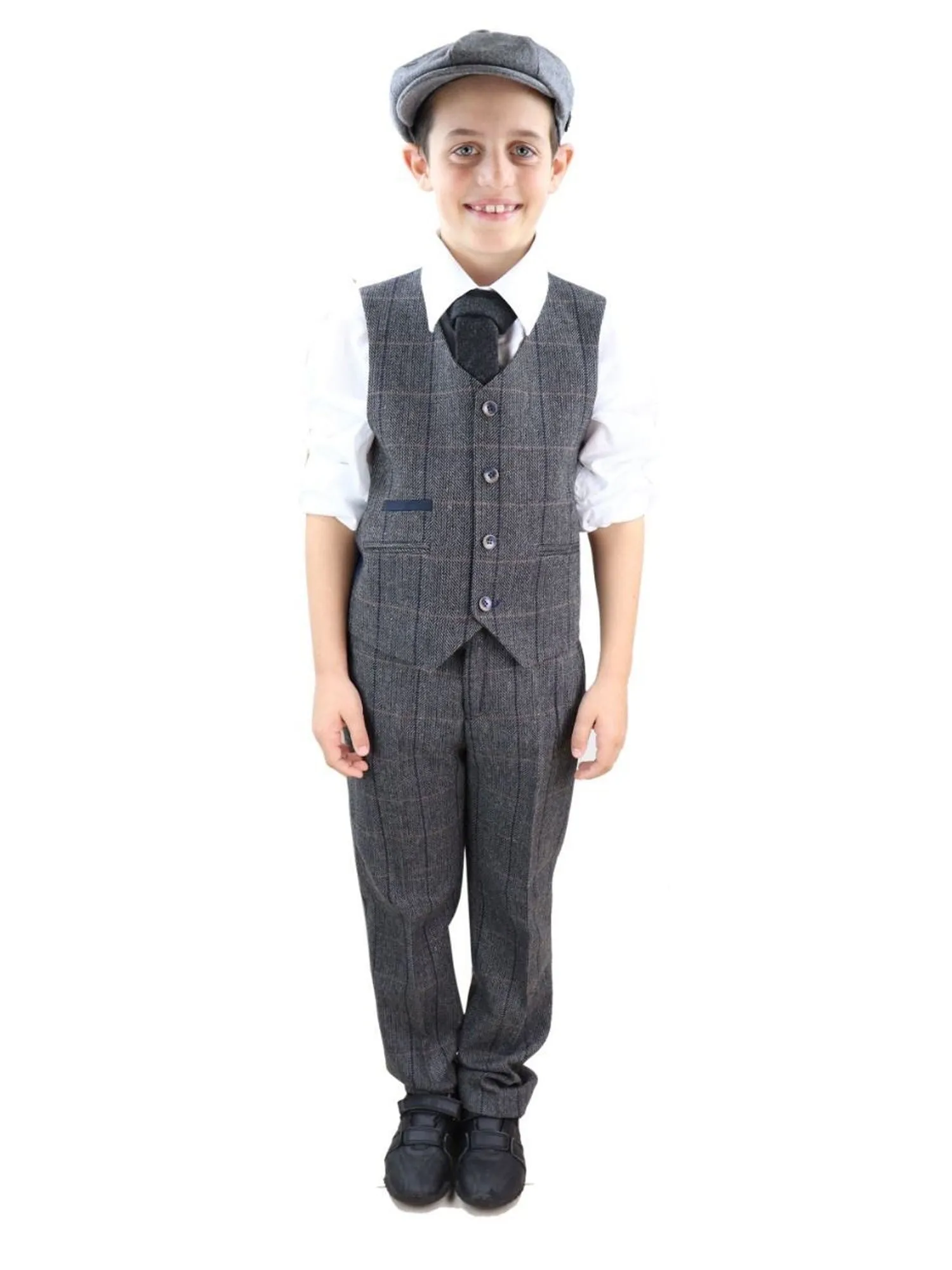 Boys 3 Piece Charcoal Grey Herringbone Tweed Check Classic  Suit