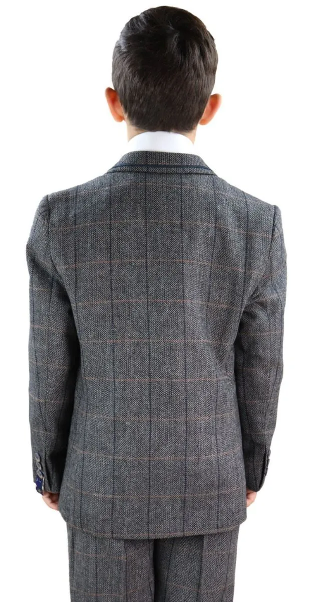 Boys 3 Piece Charcoal Grey Herringbone Tweed Check Classic  Suit