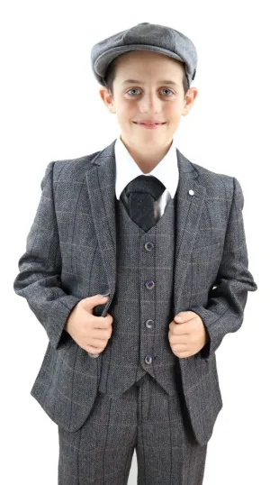 Boys 3 Piece Charcoal Grey Herringbone Tweed Check Classic  Suit