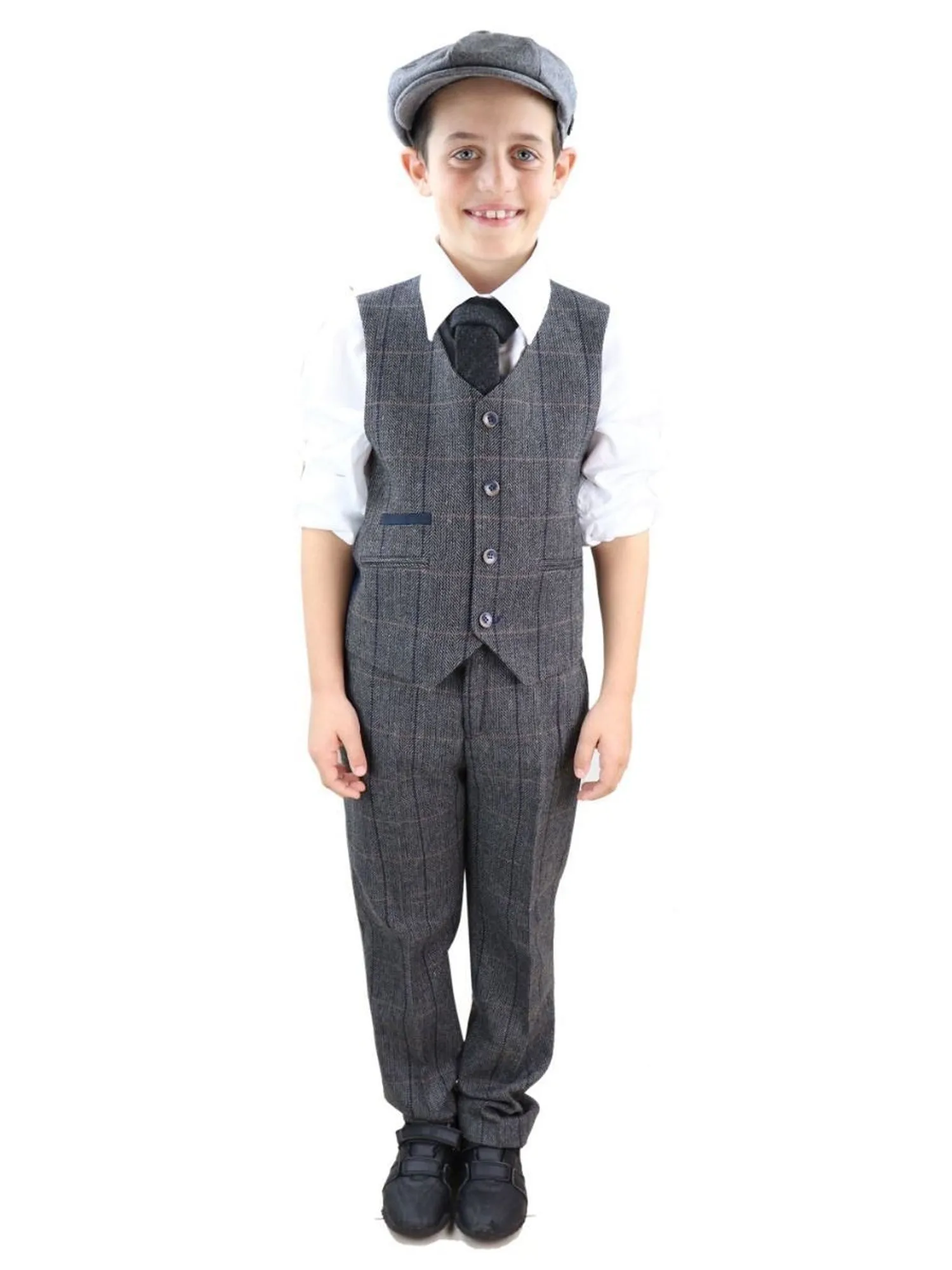 Boys 3 Piece Charcoal Grey Herringbone Tweed Check Classic  Suit