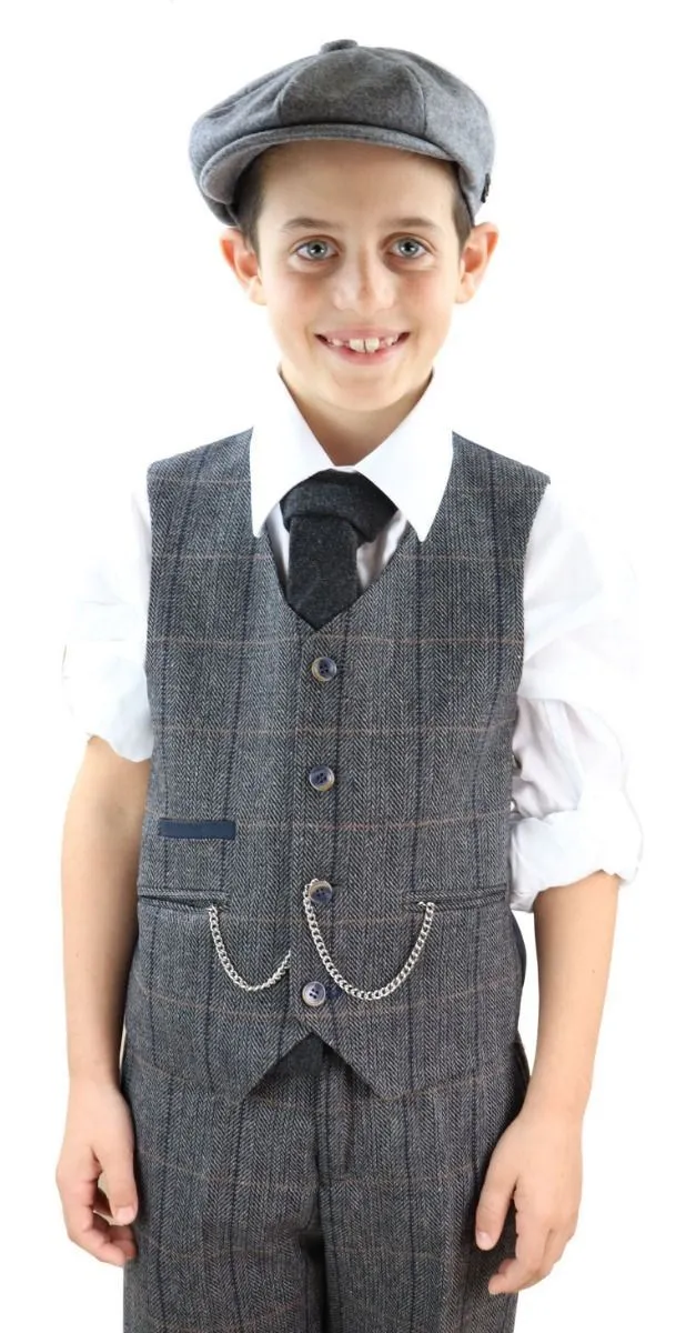 Boys 3 Piece Charcoal Grey Herringbone Tweed Check Classic  Suit