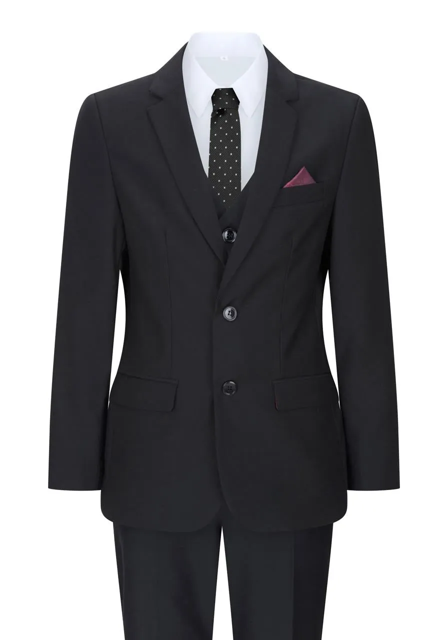 Boys 3 Piece Plain Black Classic Retro Suit