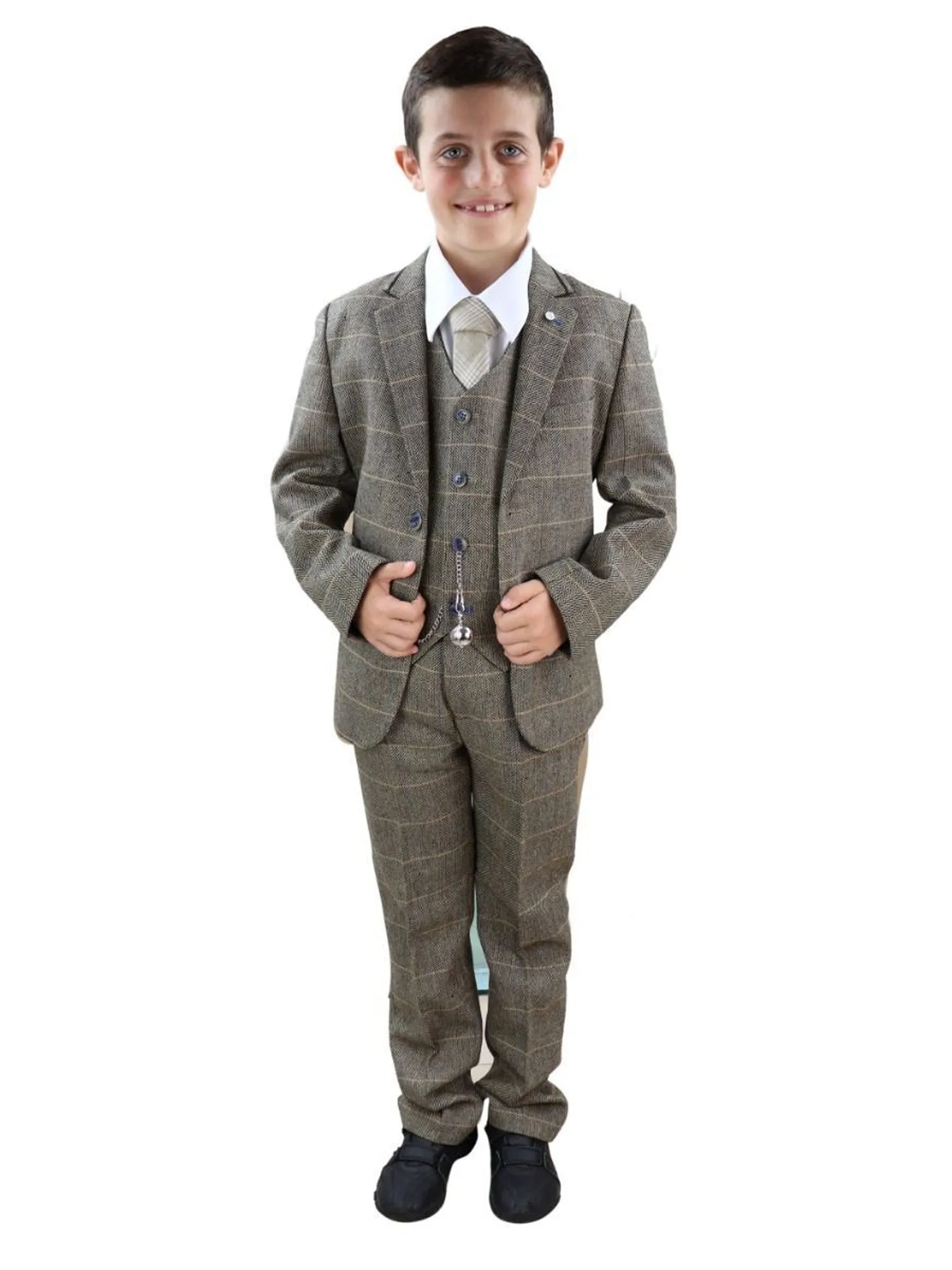 Boys 3 Piece Tan Brown Herringbone Tweed Check Classic  Suit