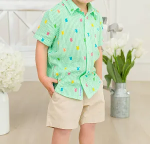 Boy's Bunny Stripe Short Sleeve Button Down Shirt In Green