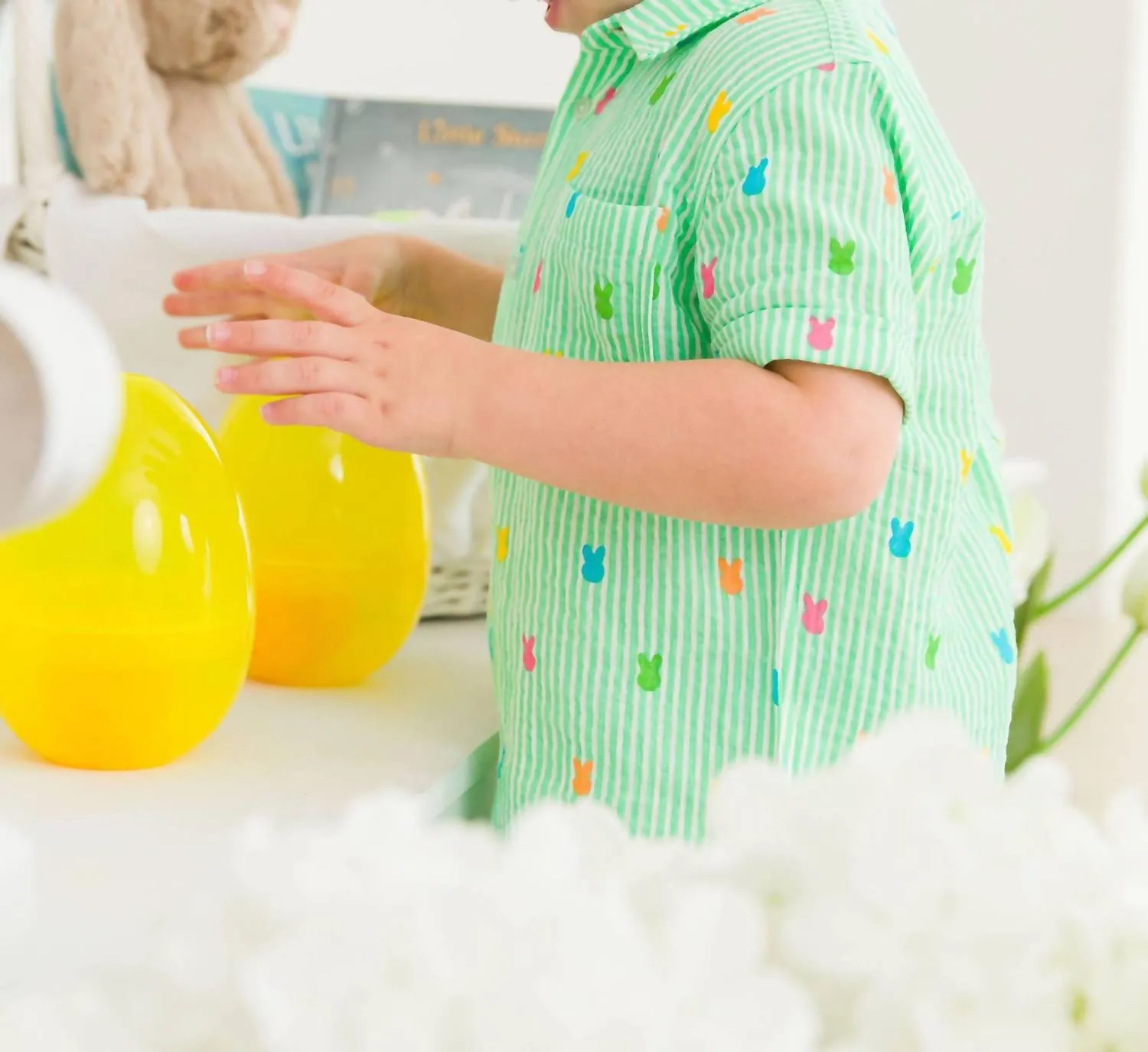 Boy's Bunny Stripe Short Sleeve Button Down Shirt In Green